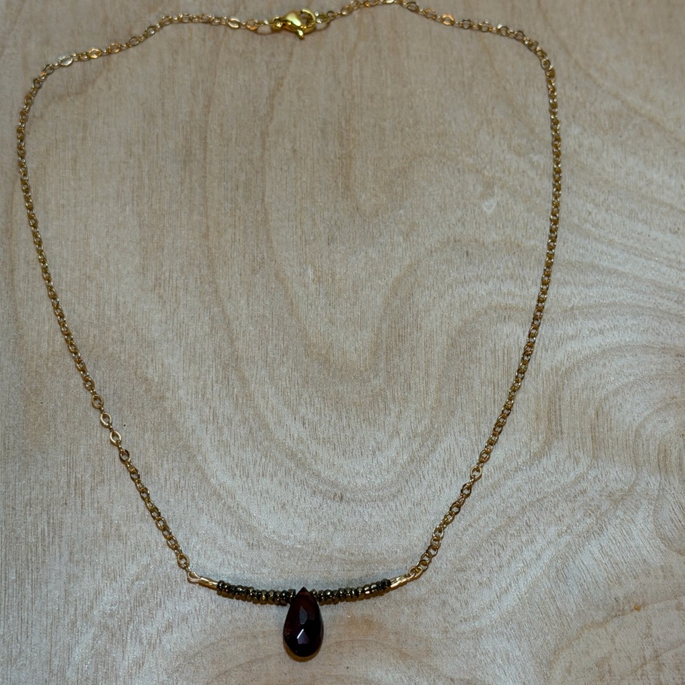 Gold Necklace with Gold‎ Pyrite and Garnet Pendant